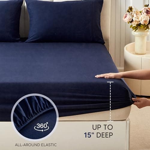 Tokokimo King Sheet Set 4 Piece, Super Soft Washed Cotton-Linen Feel Microfiber, 16" Deep Pocket Fitted Sheet, 1 Flat Sheet, 2 Pillowcases, Breathable Bed Sheets, Navy Blue - Thumbnail 4