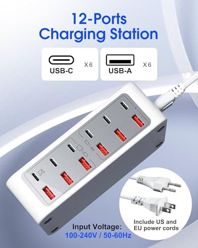12-Ports Multiple USB C Fast Charging Station, 220W GaN Charger Hub with European Travel Plug, PD 65W Laptop Charger for MacBook iPad iPhone Google Pixelbook Dell XPS Galaxy Steam Deck - White - Thumbnail 2