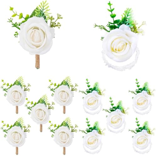 Naisidas 12 Pcs Rose Wrist Corsage and Boutonniere Set, Boutonniere for Men and Wristlet Band, Prom Flower Wrist Corsage Bracelet for Wedding Ceremony Accessories Prom Suit Decorations - Image 1