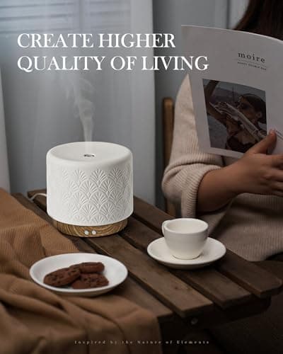 Essential Oil Diffuser -280ml Ceramic Diffuser for Large Room&Commercial Use, 2.4MHz Cool Mist Humidifier & Independent Decorative Light & Aromatherapy Diffuser, Pulse&Continuous Mist, Timer, Auto-Off - Thumbnail 2