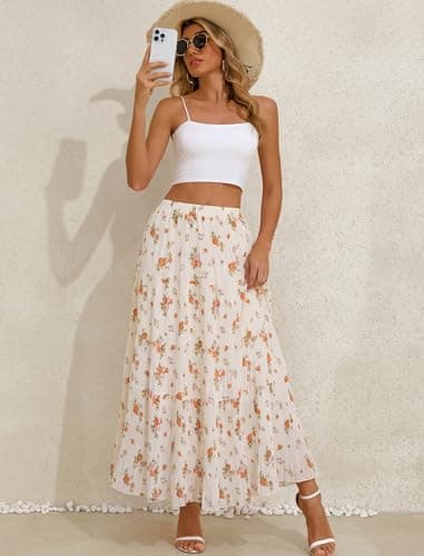 Arolina High Waisted Maxi Skirts Women Summer Elastic Flowy Long Skirt Boho Tiered A-Line Pleated Casual Print Cottagecore White Floral - Thumbnail 4