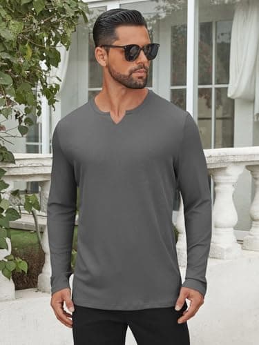 Hardaddy Men's V Neck Long Sleeve Ribbed Casual T-Shirt Classic Basic Solid Tee Shirts Deep Gray M - Thumbnail 3