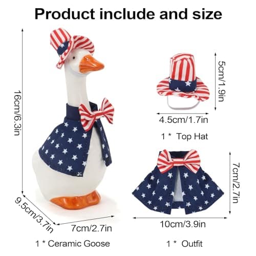 RAISLY 7 Inch Desk Goose with Patriotic Outfits，4th of July Decoration Ceramic Mini Porch Goose with Top Hat & Stars Outfit, Ideal for Tabletop Home Office Indoor Outdoor Decor - Thumbnail 3