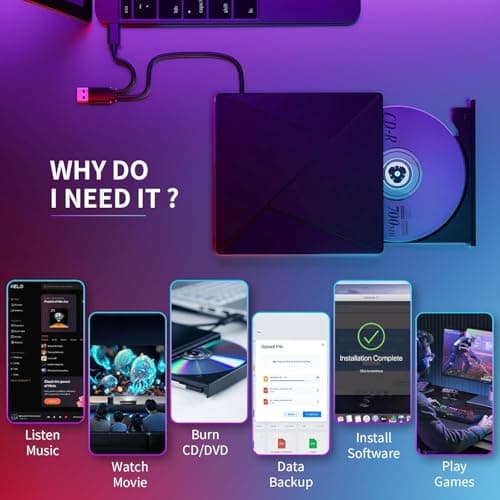 Umaniy DVD Player for Laptop, External CD Drive for Mac, USB 3.0 USB C Portable CD Burner External Disk Drive, DVD Reader Writer ROM Drive Compatible with Laptop Desktop Mac,Windows 10/8/7 Linux - Thumbnail 2