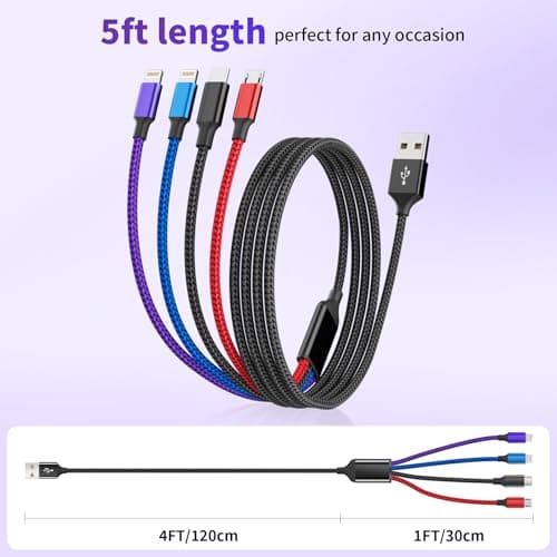 Firsting Dual IP 4 in 1 Multi Charging Cable [1Pack 5FT], Nylon Phone Charger USB Cable, Travel Charging Cords with IP/IP/Type C/Micro Port, Compatible with Most Cell Phones/Tablets and More - Thumbnail 5