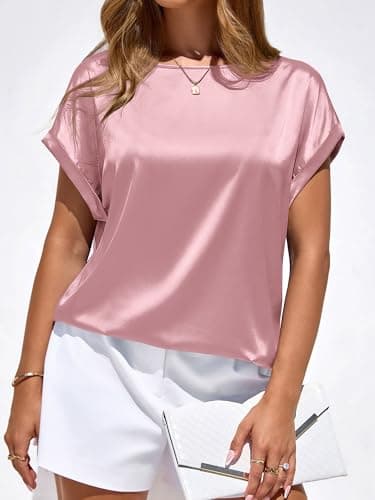 BTFBM Womens Summer Tops Satin Blouses Dressy Casual Loose Crewneck Short Sleeve Shirts 2026 Work Business Outfits(Pink, Medium) - Thumbnail 5