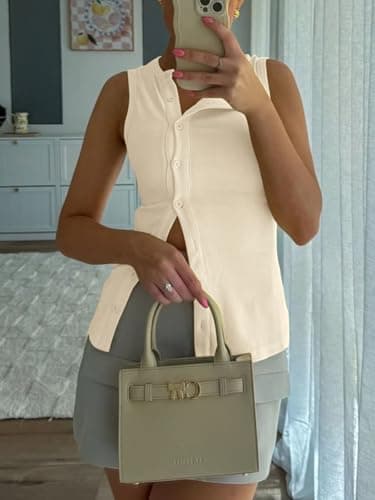 Cicy Bell Womens Button Down Tank Tops Summer Sleeveless Vest Tops Trendy Ribbed Fitted Going Out Shirts Off-White - Thumbnail 6