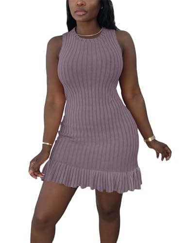 STOLKISS Women Summer Tank Dresses Sleeveless Crew Neck Basic Bodycon Mini Dress Casual Ribbed Knit with Ruffle Hem Sexy 2026 - Image 1