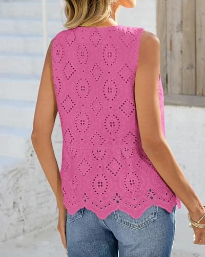 BTFBM Womens Tank Tops 2026 Summer Casual Sleeveless Button Down Shirts Embroidered Eyelet Blouse Beach Vacation Clothes(Rose Pink, Large) - Thumbnail 3