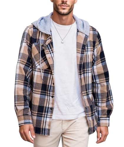 Mens Plaid Button-up Hoodies Loose Fit Long Sleeve Cotton Casual Tops Lightweight Hooded Flannel Shirt with Pockets Navy Beige - Image 1