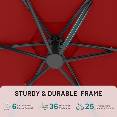 AreShark 10FT Patio Outdoor Umbrella, Offset Patio Umbrella Cantilever Umbrella, 6 Sturdy Ribs, Easy Adjustment for Garden Market Pool with Cross Base (Red) - Thumbnail 4