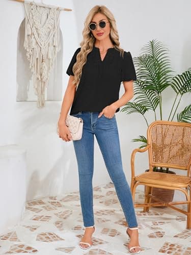 Funlingo Womens Boho Tops Summer Short Puff Sleeve V Neck Blouses Dressy Casual Flowy Swiss Dot Lace Crochet Babydoll Shirts Trendy Clothes 2026 Black 3XL - Thumbnail 6