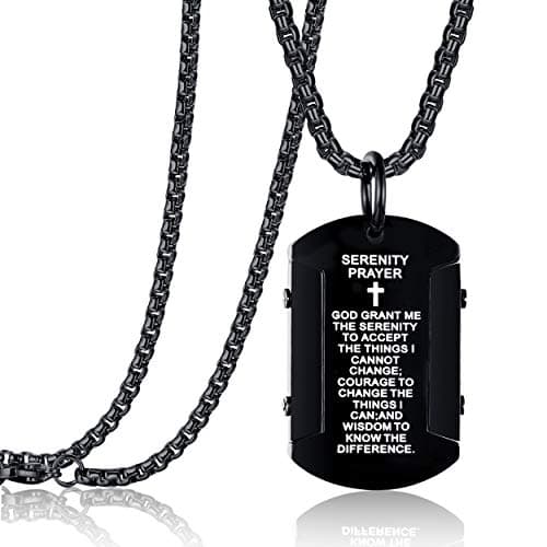 Rehoboth Men's Stainless Steel Dog Tag Bible Verse Serenity Prayer Cross Pendant Necklace for Men Women 24 Inch Chain Black - Image 1
