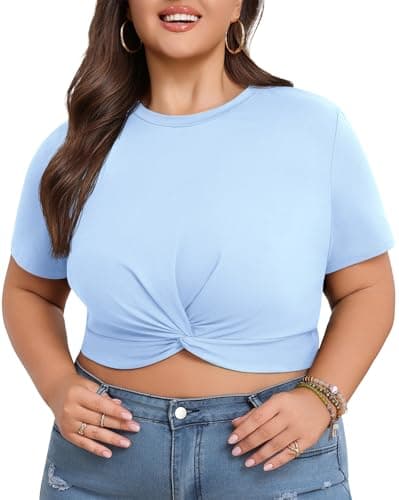 Lastshe Women's Plus Size Summer Crop Tops Short Sleeve Blouses Tie Front Tee T-Shirt Outfits,Light Blue,1X - Thumbnail 5
