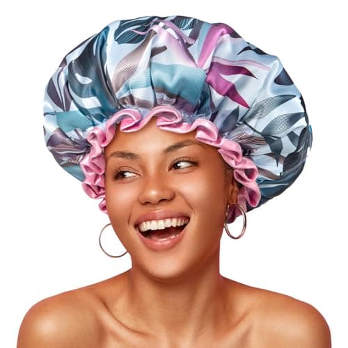 mikimini Large Shower Cap for Women Reusable Waterproof, Hair Cap for Shower with Double Layers, Tropic Style Hair Cover with Elastic Band for Shower suit for Long Hair, Braids - Image 1