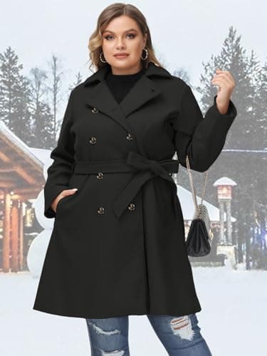 Hanna Nikole Plus Size Outwear Winter Wool Jacket for Women Mid Long Belted Classic Trench Coat Black 3X - Thumbnail 2