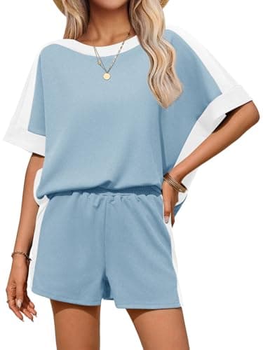 Tankaneo Womens 2 Piece Summer Outfits Oversized Short Sleeve Tops and Shorts Matching Sets Color Block Lounge Set - Image 1