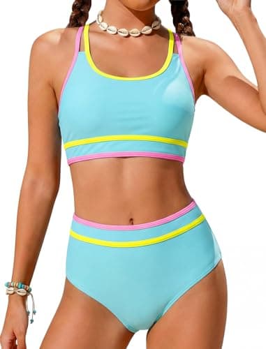 Tween Bathing Suits for Girls Size 12-14 Teen Swimsuits Two Piece Color Block Trajes De Baño para Niñas Dark Green Swim Neon Sport Bikini Sets Adjustable Double Straps Top Bottoms Padded Swimwear - Image 1