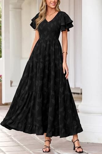 dowerme Maxi Dresses for Women 2026 Summer Ruffle Sleeve V Neck Smocked A Line Floral Boho Tiered Sundress Spring Outfit(Black,X-Large) - Thumbnail 6