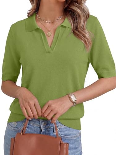 GKBK Short Sleeve Sweater for Women Polo Shirts V Neck Wool Blend Knit Tops Lightweight Sweaters Business Casual Outfits 2026 Summer Fashion Trendy Green - Image 1