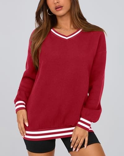 PRETTYGARDEN Women's Oversized Sweatshirts Casual Long Sleeve Stripes Knit V Neck Pullover Top Spring Preppy Clothes(Red,XX-Large) - Thumbnail 2