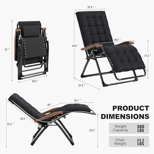 PURPLE LEAF Oversized Outdoor Reclining Chair Set of 2 Patio Zero Gravity Chaise Lounge Folding Chair with Removable Cushion Adjustable Headrest for Lawn Camping Beach Pool Black - Thumbnail 2