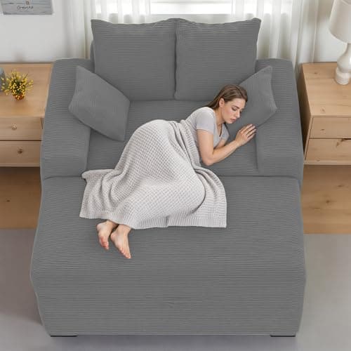 smilesun Luxe Chaise Lounge Chair Indoor with Ottoman, Comfy Faux Fur Plush Oversized Lounge Sofa with 2 Pillows, 64" Modern Upholstered Sleeper Couch Bed for Bedroom (Grey, 57 in) - Thumbnail 6
