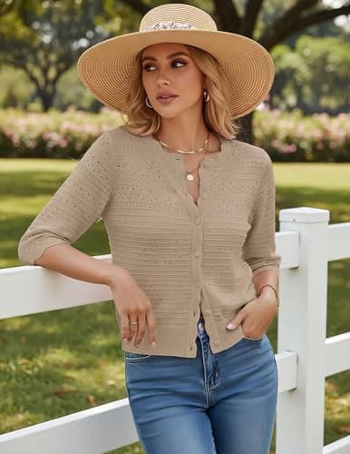 GRACE KARIN Womens Short Sleeve Cardigan Sweater, Lightweight Summer Cardigan Trendy, Crochet Knit Boho Bolero Shrugs Khaki - Thumbnail 3