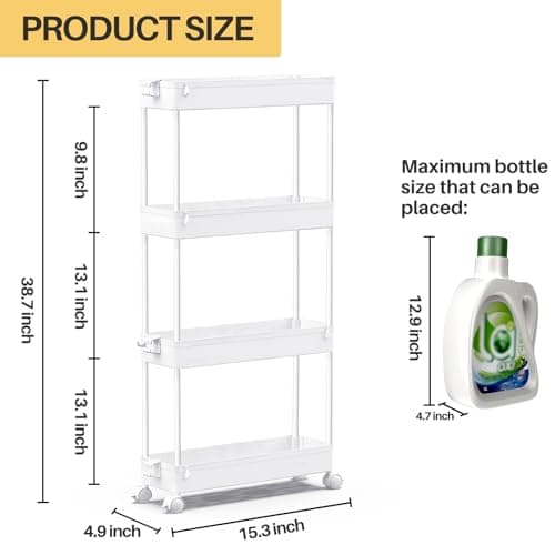 SPACEKEEPER Slim Rolling Storage Cart 4 Tier Bathroom Organizer Mobile Shelving Unit Utility Cart Tower Rack for Kitchen Laundry Narrow Places, White - Thumbnail 4