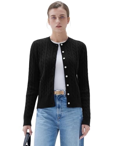 SUUKSESS Women Cable Knit Cashmere Blend Sweaters Crew Neck Button Up Chunky Cardigan Long Sleeve Cropped Fall Fashion Outfits Jackets (Black, L)