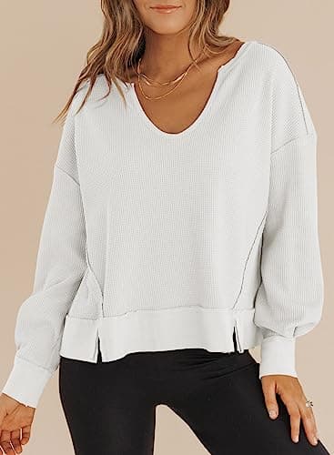 Dokotoo White Long Sleeve Shirts for Women Cropped Sweaters 2025 Spring Outfits Fashion Womens Tops Trendy Blouses Dressy Casual Loose Fit Tshirts Plain Comfort Western Waffle Knit Clothing M - Thumbnail 3