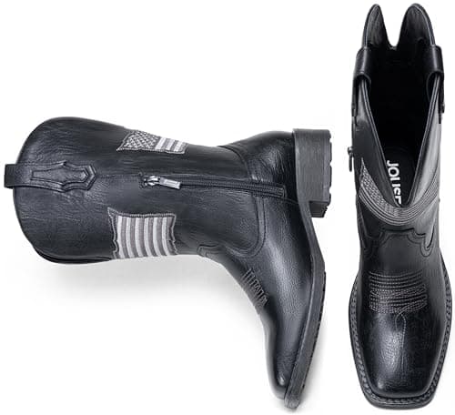 Jousen Cowboy Boots for Men with Flag Embroidery Square Toe Boots for Men Classic (AMY8423 black 11) - Thumbnail 5