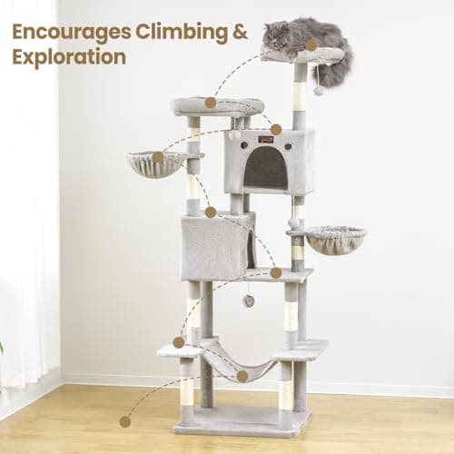 Large Cat Tree Tower for Indoor Cats Adult, 74.8 Inch Tall Multi-Level Kitty Condo with Scratching Posts, Perch, Hammock, Plush Bed for Big Cats, Modern Cat Furniture Heavy Duty (Light Grey) - Thumbnail 5