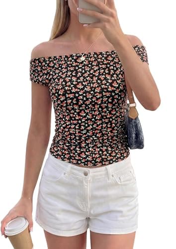 PRETTYGARDEN Womens Off The Shoulder Tops 2026 Summer Y2K Clothes Going Out Shirts Ruched Tank Top Date Night Outfits (Floral Black Orange,XX-Large) - Image 1