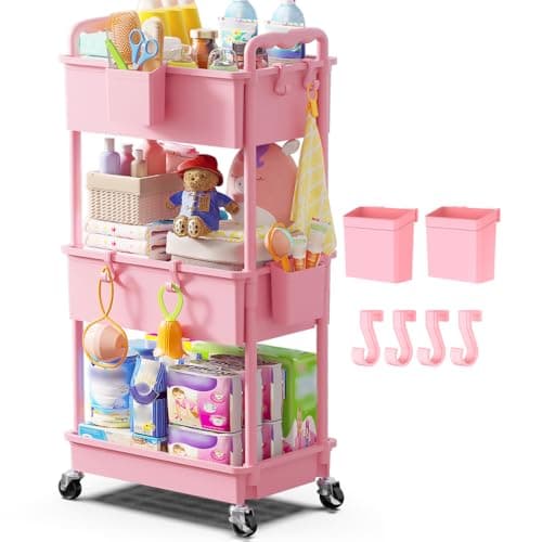 Goovilla Diaper Cart with Lockable Wheels and Easy Assembly, 3 Tier Pink Rolling Cart for Baby Nursery Storage, Sturdy Ample Diaper Caddy Organizer for Baby Girl, Boy, New Mom, Newborn Essentials - Image 1