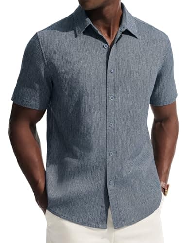 PJ PAUL JONES Mens Short Sleeve Button Down Shirt Casual Summer Shirts Textured Beach Vacation Shirts for Men Denim Blue - Image 1