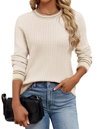 UEAL Cable Knit Sweater Fall Cozy Lightweight Crew Neck Pullover Sweaters for Women 2025 X-Large Khaki - Image 1