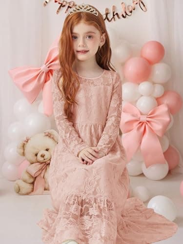 ALLOVIN Toddler & Girls Long Sleeve Lace Flower Girl Dress Maxi Boho A-Line Dress for Wedding Baptism 1st Communion | Dusty Pink | 4-5Y - Thumbnail 2