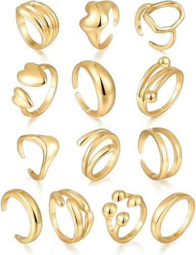 17 MILE 13 PCS 18K Gold Plated Chunky Rings for Women Non Tarnish, Statement Open Stacking Rings, Knuckle Band Ring Set - Image 1