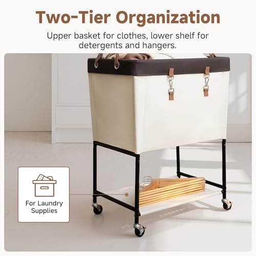 StorageWorks Laundry Cart, 2 Tier Rolling Laundry Basket, Heavy Duty Laundry Basket with Lockable Wheels, Laundry Room Organization and Storage, Clothes Hamper for Bedroom, Dorm, Closet, 29Gal, Beige - Thumbnail 5