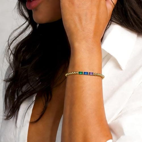 Fohufo Small Birthday Gifts for Women - 14K Gold Plated Beaded Bracelet, Birthstone Bracelets for Women, Valentines Day Birthday Gifts for Woman, Lucky Gift - Thumbnail 3