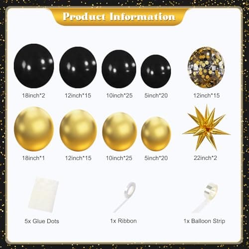 Black and Gold Balloon Garland Arch Kit, 140Pcs Black Gold Confetti Balloons with Stars for Birthday Graduation New Year Retirement Anniversary Wedding Engagement Party Decorations - Thumbnail 4