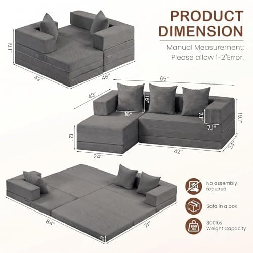 65'' L Shaped Couches for Living Room, Cloud Sectional Couch, Boneless Couch with Deep Seat Left Facing Chaise, Mini Modular Sectional 3 Seater Sofa for Apartment Furniture, No Assembly Needed, Grey - Thumbnail 2