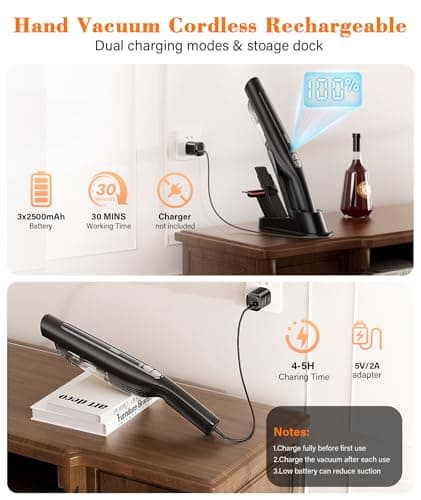 CUIOFREE Cordless Handheld Vacuum,24KPA Powerful Hand Held Vacuum,Portable Rechargeable Car Vacuum Cleaner with Brushless Motor,Charging Dock and Washable Filter for Car,Home,Office,Pet Pair,Black - Thumbnail 4