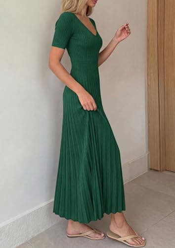 PRETTYGARDEN Women's 2026 Spring Midi Sweater Dresses Elegant Pleated Ribbed Knit Short Sleeve V Neck A Line Summer Outfits (Dark Green,Large) - Thumbnail 4