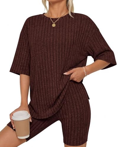 KIRUNDO Short Sets For Women Summer 2 Piece Matching Lounge Sets Casual Rib Knit Tshirts Biker Shorts Beach Vacation Outfits (Brown, X-Large) - Image 1