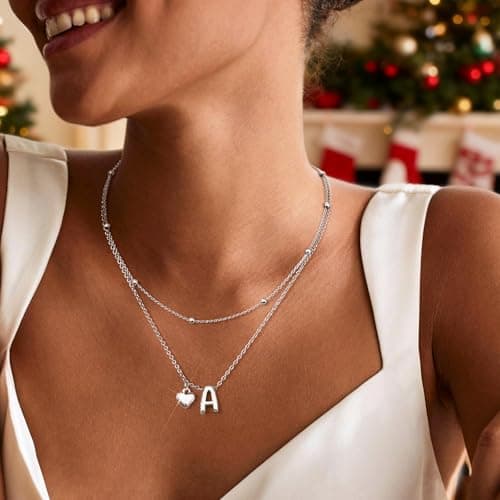 adoyi Silver Heart Initial Necklaces for Women 14k Gold Plated Layered bubble Letter Necklace Dainty Heart Q Pendant Necklace Stack Birthday Valentines Gifts for Women Jewelry - Thumbnail 2