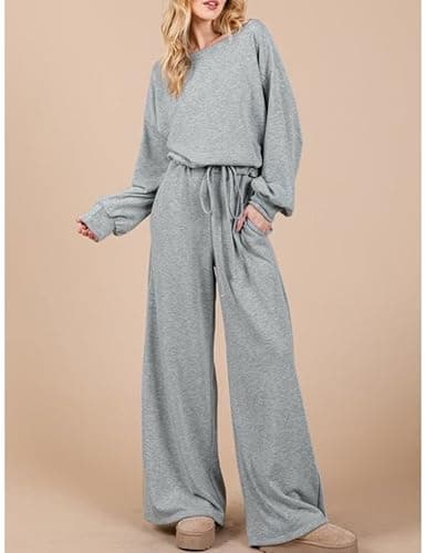 GAMISS Casual Rompers for Women Long Sleeve Lounge Jumpsuits Boat Neck Loose Fit Overalls Airport Travel Outfit Grey S - Thumbnail 2