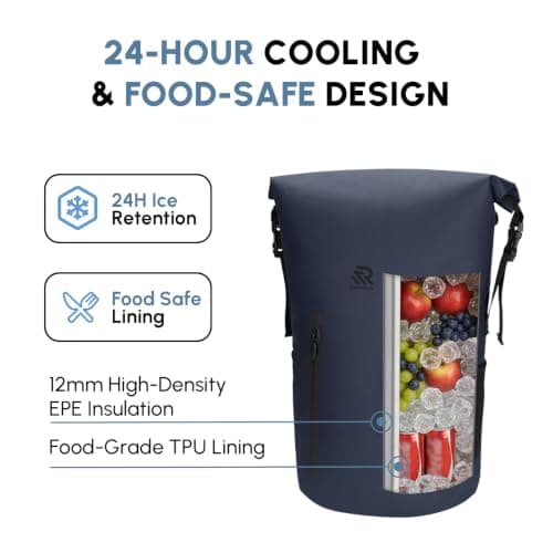 RIVONOVA Roll Top Closure Cooler Backpack for Kayaking Beach Paddle Boarding Watersports, Premium 24 Hours Insulated Leak Proof Zipperless Soft Cooler for Fishing, 35L Navy Blue - Thumbnail 2