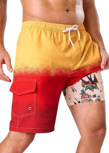 SILKWORLD 2 in 1 Men's Swim Trunks 9" with Zipper Pockets Bathing Suit Built-in Board Shorts Swimwear Long Shorts, Gradient Orange, XX-Large - Image 1
